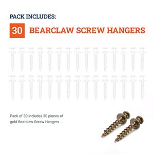 Bear Claw Screw Hanger Gold - 30lb Picture Hooks - 4-in-1 Hanging Screws for D-Rings, Sawtooth, Wire and Keyholes - Mounts in Drywall and Wood Studs 30 Pack