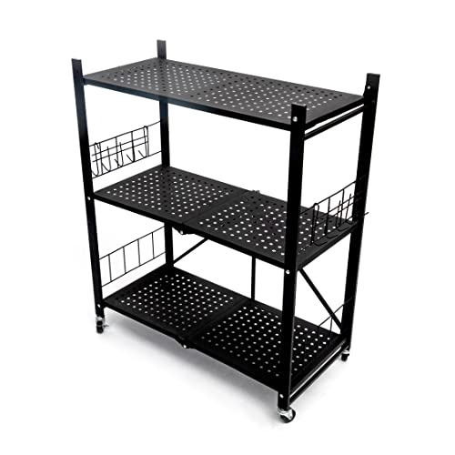 SPAXCEL 3-Tier Foldable Storage Shelves,No Assembly/No Tools Required,3 Tier Shelf,Metal Shelf Organizer,Black