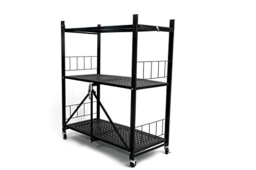 SPAXCEL 3-Tier Foldable Storage Shelves,No Assembly/No Tools Required,3 Tier Shelf,Metal Shelf Organizer,Black