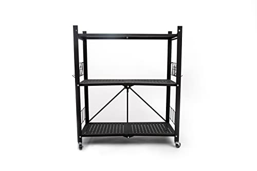 SPAXCEL 3-Tier Foldable Storage Shelves,No Assembly/No Tools Required,3 Tier Shelf,Metal Shelf Organizer,Black