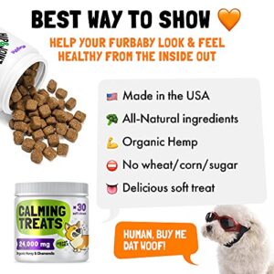 Calming Hemp Treats For Dogs - Made in USA with Organic Hemp - Dog Anxiety Relief - Natural Separation Aid - Helps with Barking, Chewing, Thunder, Fireworks, Aggressive behavior 30 Soft Chews