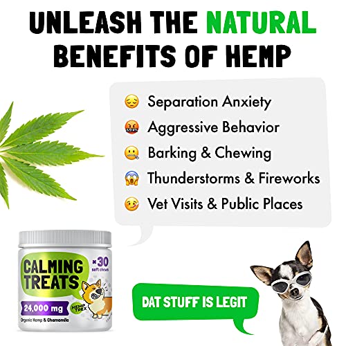 Calming Hemp Treats For Dogs - Made in USA with Organic Hemp - Dog Anxiety Relief - Natural Separation Aid - Helps with Barking, Chewing, Thunder, Fireworks, Aggressive behavior 30 Soft Chews