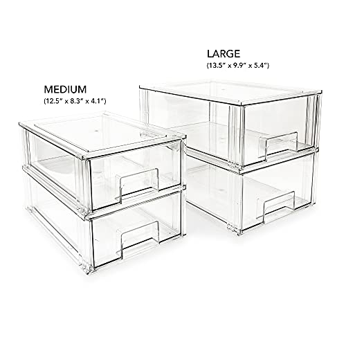 Isaac Jacobs Large Stackable Organizer Drawer (13.5” x 9.9” x 5.4”), Clear Plastic Storage Box, Pull-Out Bin, Home, Office, Closet & Shoe Organization, BPA-Free, Food/Fridge/Freezer Safe (Large)