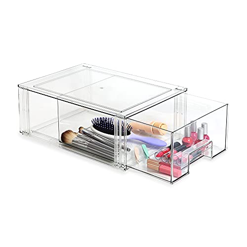 Isaac Jacobs Large Stackable Organizer Drawer (13.5” x 9.9” x 5.4”), Clear Plastic Storage Box, Pull-Out Bin, Home, Office, Closet & Shoe Organization, BPA-Free, Food/Fridge/Freezer Safe (Large)