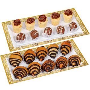 yumchikel-elegant plastic serving tray & platter set (2pk) - white & gold rim disposable serving trays & platters for food - weddings, upscale parties, dessert table, cupcake display - 7.5 x 14 inches