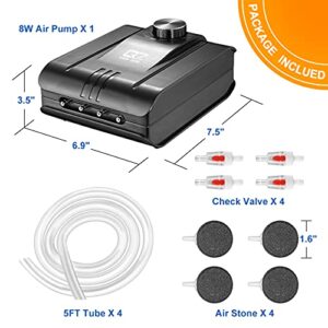 JEREPET 320GPH Aquarium Air Pump 8W Adjustable Quiet Oxygen Pump with 4 Outlet and Accessories Air Stone, Check Valve, Tube,for Up to 300 Gallon Fish Tank