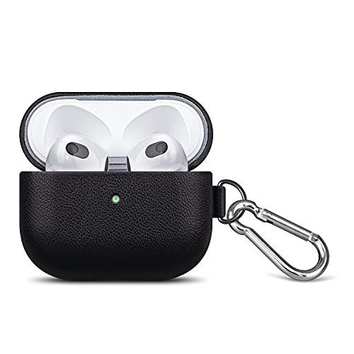 Leather Case Compatible with AirPods 3rd Generation, Lopie Handmade Sheep Leather Case with Keychain for New AirPods 3, Portable Protective Case/Cover with Loss Prevention Clip for Man/Woman - Black