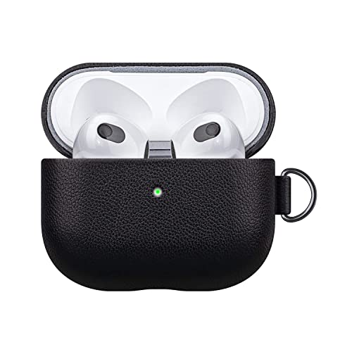 Leather Case Compatible with AirPods 3rd Generation, Lopie Handmade Sheep Leather Case with Keychain for New AirPods 3, Portable Protective Case/Cover with Loss Prevention Clip for Man/Woman - Black