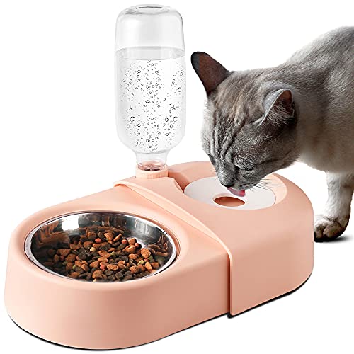 Godsichong Pet Automatic Feeder and Water Dispenser,Stainless Steel Dog Cat Food Bowl and Waterer Set 500ML,2 in 1 Detachable Meal Dispensers for Self Small Medium Big Pets,Pink