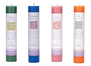 crystal journey herbal pillar candle with inspirational labels - bundle of 4 (money, good health, love, joy) each 7"x1.5" handcrafted with lead-free materials