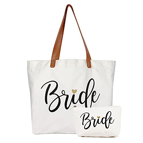 Lamyba Bride Bag with Makeup Bag, Mrs Tote Bag, Bride to be Gifts/Bridal Shower Gifts for Bride, White