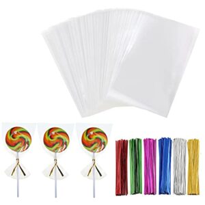 macoota 200 pcs 3" x 5" small clear thick cello treat bags flat cellophane bags with 6 colors twist ties packaging wrapping cookies candies popcorn gift cellophane bags