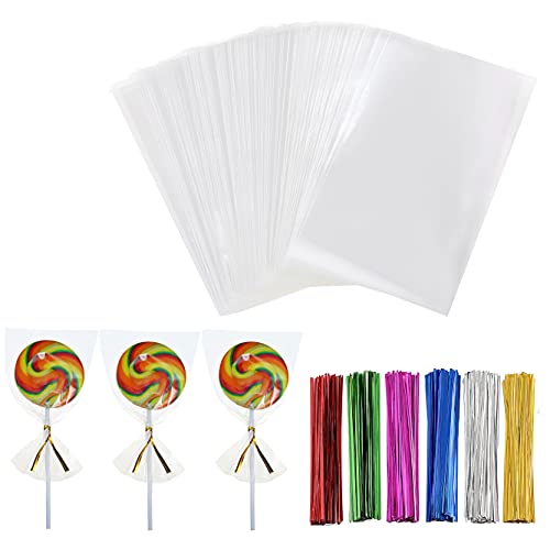 Macoota 200 Pcs 3" x 5" Small Clear Thick Cello Treat Bags Flat Cellophane Bags With 6 Colors Twist Ties Packaging Wrapping Cookies Candies Popcorn Gift Cellophane Bags