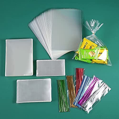 Macoota 200 Pcs 3" x 5" Small Clear Thick Cello Treat Bags Flat Cellophane Bags With 6 Colors Twist Ties Packaging Wrapping Cookies Candies Popcorn Gift Cellophane Bags