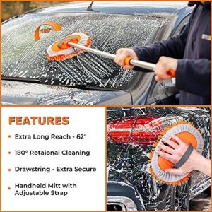 Homeflowz Car Wash Mop Kit [10PC] - Car Wash Brush with Long Handle - 62'' Stainless Steel Pole - Scratch Free Chenille Microfiber Car wash Brush Mitt - Car Mop Washing Kit for RV Cars and Bus