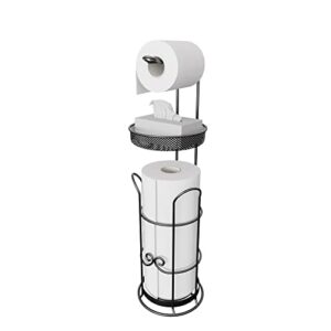 toilet paper holder stand with shelf, freestanding toilet tissue roll holder with dispenser for bathroom storage holds 4 rolls - black