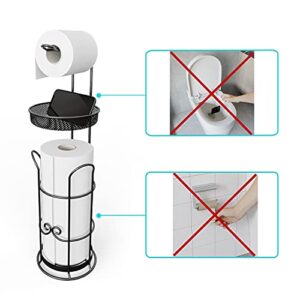 Toilet Paper Holder Stand with Shelf, Freestanding Toilet Tissue Roll Holder with Dispenser for Bathroom Storage Holds 4 Rolls - Black