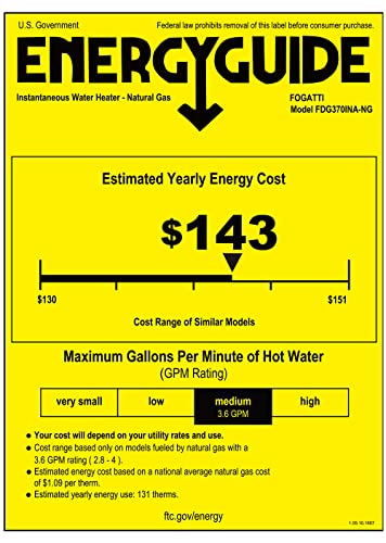 FOGATTI Natural Gas Tankless Water Heater, Indoor 6.3 GPM, 145,000 BTU White Instant Hot Water Heater, InstaGas Comfort 145 Series