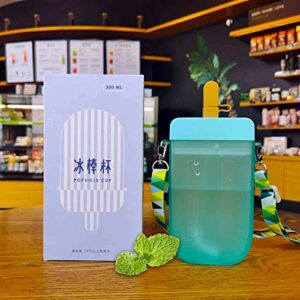 Mr.Dai Cute Water Bottles with Straws for Kids,Unique Kawaii Popsicle Shaped Plastic Leakproof Kettle 300ML,​Adjustable Shoulder Strap Transparent Water Juice Drinking Jug BPA Free (blue)