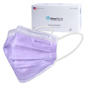 demetech protective 3-layer adult disposable face mask with ear loops, made in the usa, purple, box of 50
