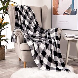miulee buffalo plaid fleece throw blanket for sofa couch bed, black and white checkered decor, super soft lightweight cozy warm fuzzy geometric microfiber flannel twin size blanket, 60" x 80"
