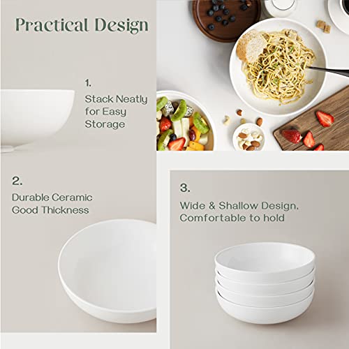 DOWAN Large Pasta Bowls, 47 Ounce Extra Deep Soup Bowls and Salad Serving Bowls, 8.5 x 2.5 Inches Ceramic Pasta Plates, Pasta Bowls Set of 4, White