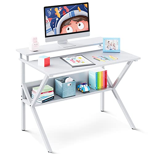 ODK Small Computer Desk, 27.5 inch Desk for Small Spaces with Storage, Compact Table with Monitor & Storage Shelves for Home Office, Modern Style Laptop Desk, Pure White