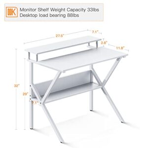 ODK Small Computer Desk, 27.5 inch Desk for Small Spaces with Storage, Compact Table with Monitor & Storage Shelves for Home Office, Modern Style Laptop Desk, Pure White