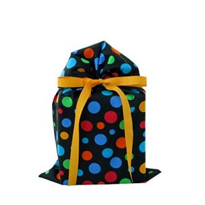 black reusable fabric gift bag with bright polka dots for birthday or any occasion (standard 10 inches wide by 15 inches high)