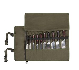 heavy duty 16 oz waxed canvas knife roll case with 11 pockets, easily carried with shoulder strap