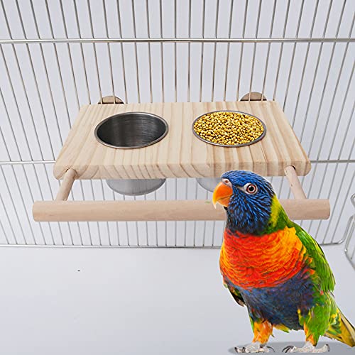 Wood Perch with Double Feeder Cups for Bird Parrot Budgie Parakeet Cockatiel Conure Lovebirds Finch Canary Macaw African Greys Amazon Cockatoo to (L)