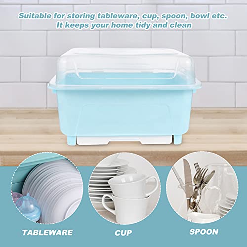 Hemoton Dish Drying Rack with Lid Cover Nursing Bottle Holder Kitchen Plate Cup Dish Drying Rack Tray Cutlery Dish Drainer Kitchen Cabinet Organizer Blue