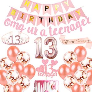 13th Birthday Decorations for Girls Rose Gold Sash Tiara Crown Cake Topper Banner Balloons for 13 Years Old Birthday Party Supplies