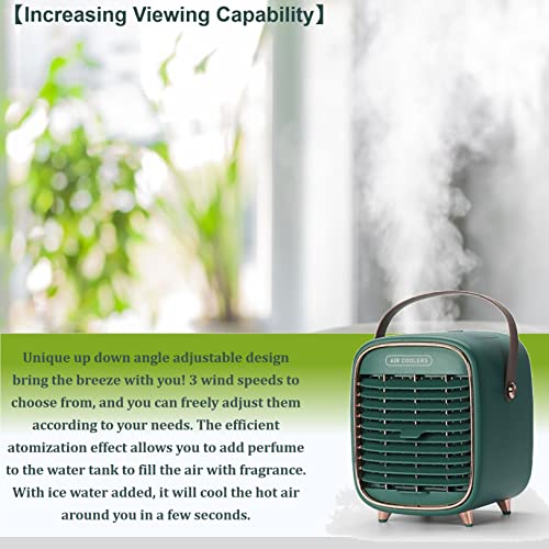 Tenbroman Portable Air Conditioner Fan, Retro Rechargeable Mini Air Cooler Battery Powered Desk Fan with Handle, Desk Misting Fan with 3 Speeds for Sports Office and Outdoor, 1 Pcs (Green)