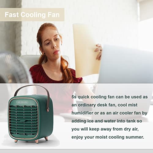 Tenbroman Portable Air Conditioner Fan, Retro Rechargeable Mini Air Cooler Battery Powered Desk Fan with Handle, Desk Misting Fan with 3 Speeds for Sports Office and Outdoor, 1 Pcs (Green)