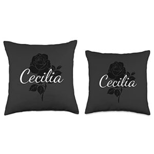 Custom Cecilia Gifts & Designs for Girls Cecilia-Custom Black Rose Gray Floral Personalized Throw Pillow, 18x18, Multicolor