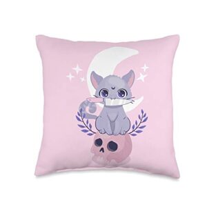 anime cat witch on the moon cute kawaii witchy anime neko cat knife pink pastel goth throw pillow, 16x16, multicolor