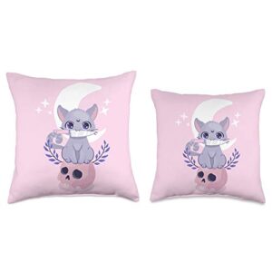 Anime Cat Witch On The Moon Cute Kawaii Witchy Anime Neko Cat Knife Pink Pastel Goth Throw Pillow, 16x16, Multicolor