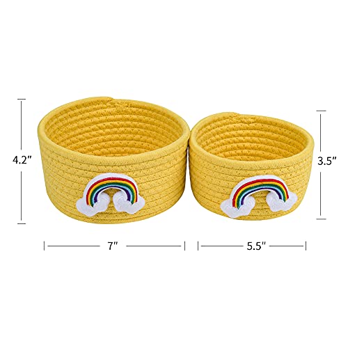 LixinJu Small Basket for Organizing Small Woven Basket Set of 2 Rainbow Small Rope Basket Decorative Mini Storage Bins Round Little for Desk Dog Cat Toy Kids Baby Girls Gifts, Yellow