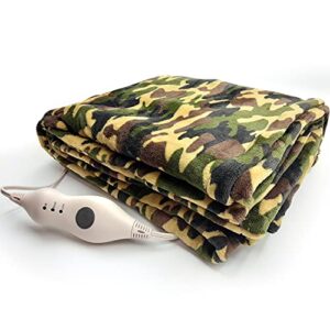 electric heated throw blanket fleece with controller, 50" x 60" , 4 hours auto shut-off, fast warming, full-body comfort, luxuriously soft, machine washable (camo)