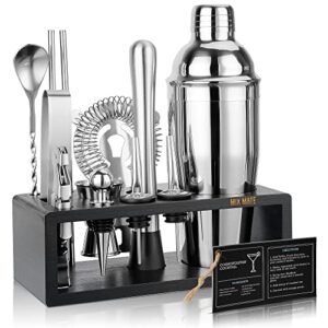 mixmate stainless steel cocktail shaker set with stand - 15-piece bartender kit with drink shaker, bar spoon, jigger, muddler, strainer, bottle opener & stopper, pour spouts, stirrers, tongs, recipes