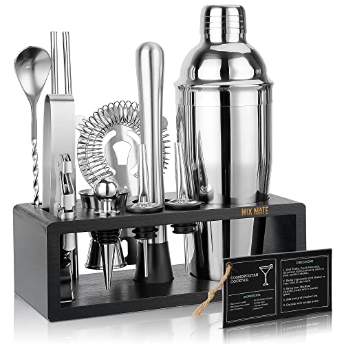 MixMate Stainless Steel Cocktail Shaker Set with Stand - 15-Piece Bartender Kit with Drink Shaker, Bar Spoon, Jigger, Muddler, Strainer, Bottle Opener & Stopper, Pour Spouts, Stirrers, Tongs, Recipes