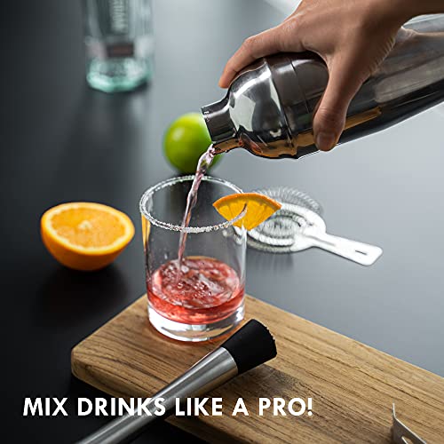 MixMate Stainless Steel Cocktail Shaker Set with Stand - 15-Piece Bartender Kit with Drink Shaker, Bar Spoon, Jigger, Muddler, Strainer, Bottle Opener & Stopper, Pour Spouts, Stirrers, Tongs, Recipes