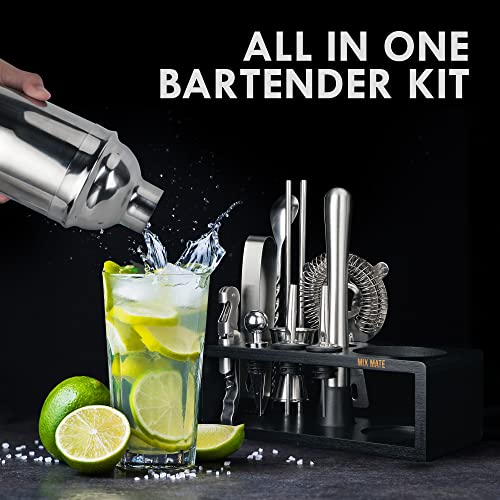 MixMate Stainless Steel Cocktail Shaker Set with Stand - 15-Piece Bartender Kit with Drink Shaker, Bar Spoon, Jigger, Muddler, Strainer, Bottle Opener & Stopper, Pour Spouts, Stirrers, Tongs, Recipes