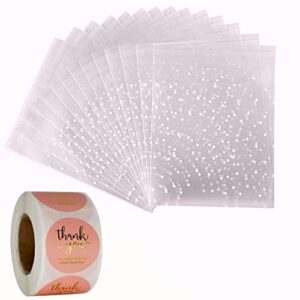 100pcs self adhesive cookie bags treat bags, resealable cellophane bags, white polka dot individual cookie bags with thank you stickers for gift giving
