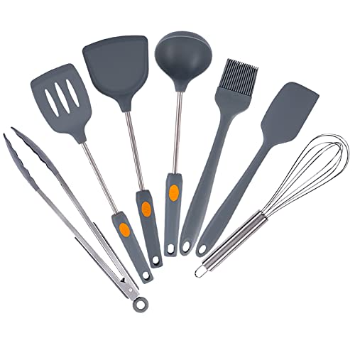 EooCoo Silicone Cooking Utensils Set with Holder, 8Pcs Kitchen Cooking Utensils Set for Nonstick Cookware 446°F Heat-Resistant,Turner Tongs, Spatula, Spoon, Brush, Whisk, Stainless Steel Handle, Gray