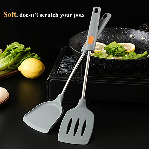 EooCoo Silicone Cooking Utensils Set with Holder, 8Pcs Kitchen Cooking Utensils Set for Nonstick Cookware 446°F Heat-Resistant,Turner Tongs, Spatula, Spoon, Brush, Whisk, Stainless Steel Handle, Gray