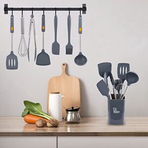 EooCoo Silicone Cooking Utensils Set with Holder, 8Pcs Kitchen Cooking Utensils Set for Nonstick Cookware 446°F Heat-Resistant,Turner Tongs, Spatula, Spoon, Brush, Whisk, Stainless Steel Handle, Gray