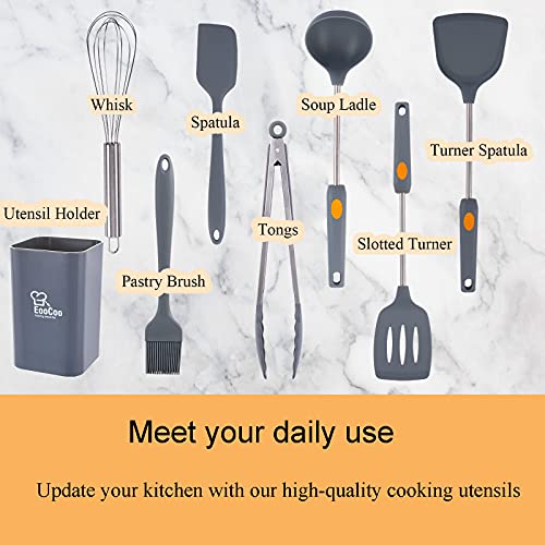 EooCoo Silicone Cooking Utensils Set with Holder, 8Pcs Kitchen Cooking Utensils Set for Nonstick Cookware 446°F Heat-Resistant,Turner Tongs, Spatula, Spoon, Brush, Whisk, Stainless Steel Handle, Gray