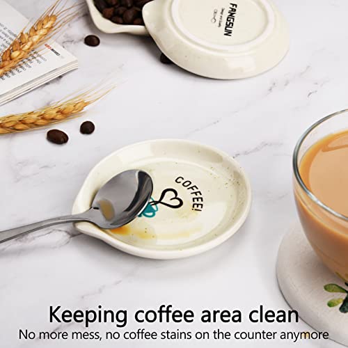 FANGSUN Ceramic Coffee Spoon Holder Rests for Coffee Station Decor, Mini Spoon Holder for Stove Top Countertop, Small Teaspoon Rest, Porcelain Spoon Holder For Coffee Bar Accessories, White, 3.5 Inch